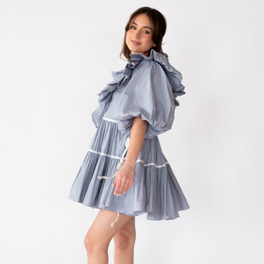 Baby Blue Cotton Poplin Baby  Doll Mini Dress